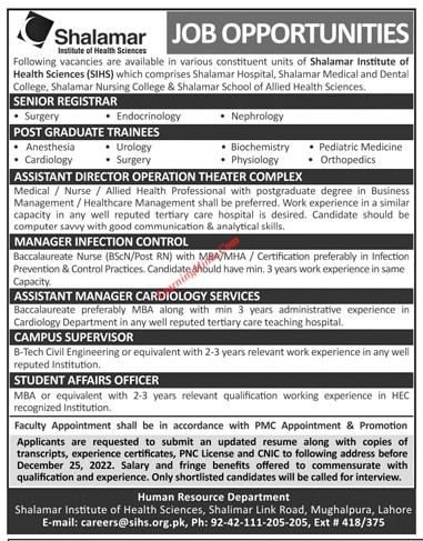 Government Jobs 2022 – Shalamar Institute of Health Sciences Jobs 2022 